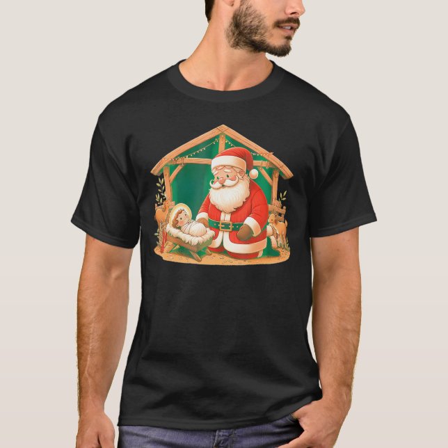 Jul Kneeling Jultomten med Baby Jesus T Shirt (Framsida)