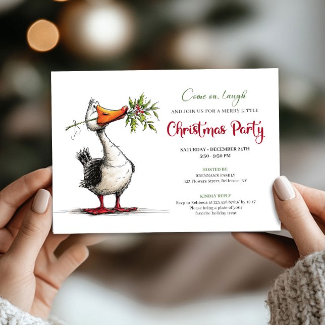 Jul Konstig Gås Tecknad Spelglad Fest Inbjudningar (Christmas Quirky Goose Cartoon Playful Party Invite)