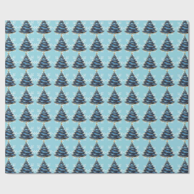 Jul Konstnärlig Blå Guld Träd Snöflingor Presentpapper (Platt)