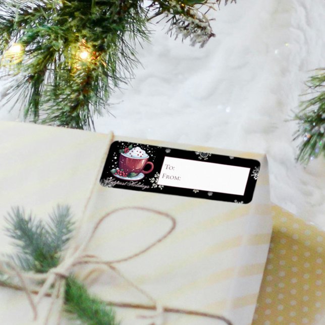 Jul Kopp i Hett Chocolate | Black Gift Returadress Etikett (Christmas Cup of Chocolate Gift Label)