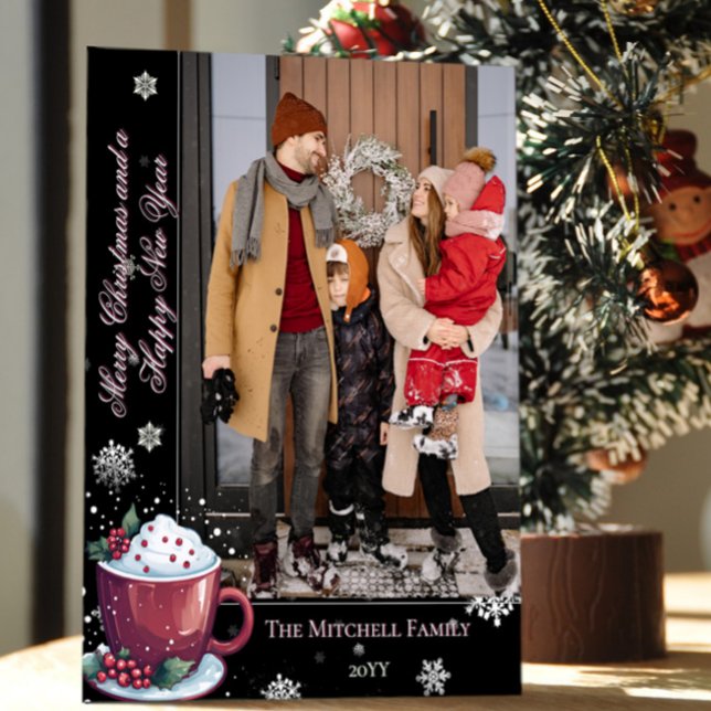 Jul Kopp i Hett Chocolate Helgdag | Svart Julkort (Christmas Cup of Hot Chocolate Holiday Photo Card)