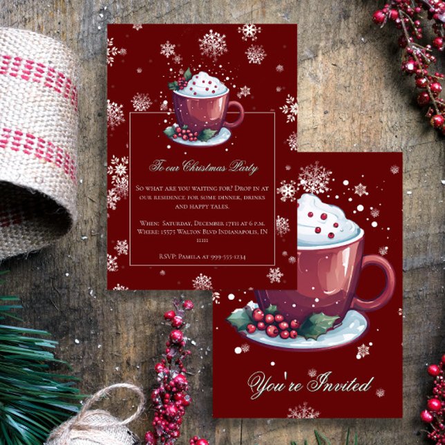 Jul Kopp i Hett Chocolate Julfest Red Inbjudningar (Red Christmas Cup of Hot Chocolate Party Invitation)