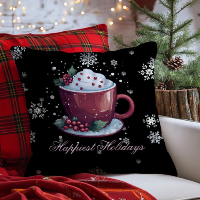 Jul Kopp i Hett Chocolate Kudde (Black Christmas Cup of Hot Chocolate Throw Pillow)