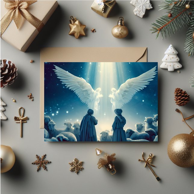 Jul-kort i änglar tack kort (Christmas card with the angels visiting the shepherds. Personalize names and messages.)