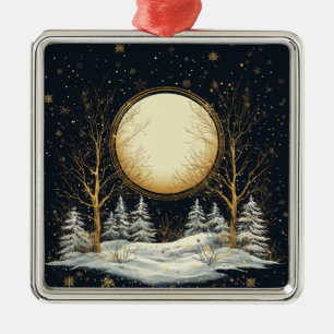 Jul Kväll Full Moon Gräs Träd Snö Julgransprydnad Metall