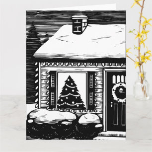 Jul Kväll House Träd i Window Black & White Kort