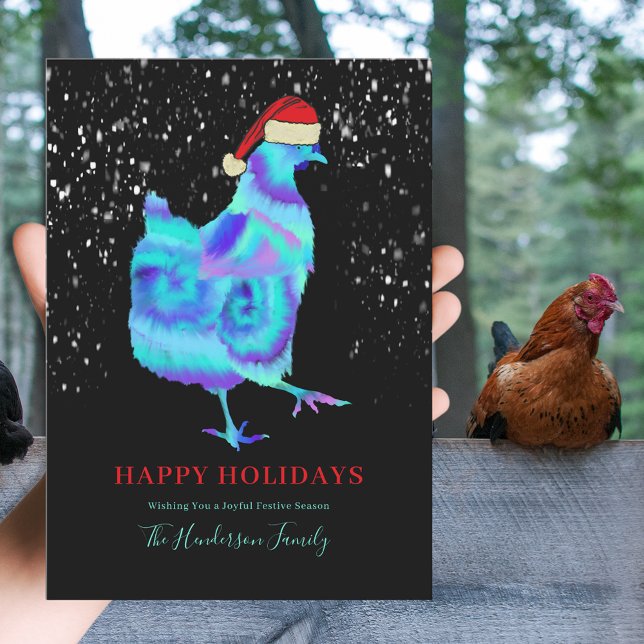 Jul Kycklingdans  Julkort (Cute colorful Christmas hen wearing a santa hat personalized happy holidays greetings card)