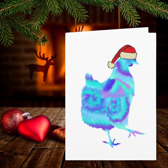 Jul Kycklingdans Rolig Funky Festlig Höna Kort (Christmas hen wearing a Santa hat colorful chicken dance farm animal art holiday greeting card)