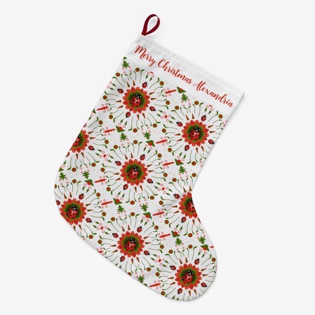 Jul Ladybug Röd, Grön och Vit Namn Stor Julstrumpa (Framsidan (Hängande))