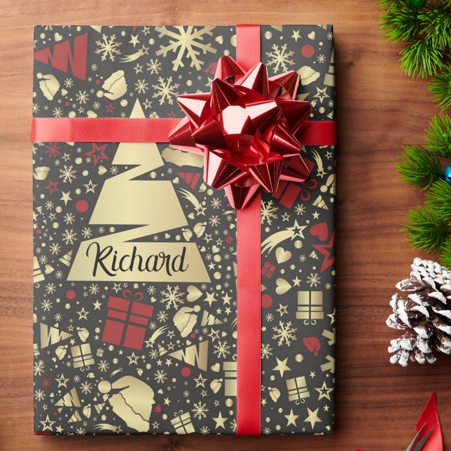 Jul - lägg till Namn Träd i rött Presentpapper (Skapare uppladdad)