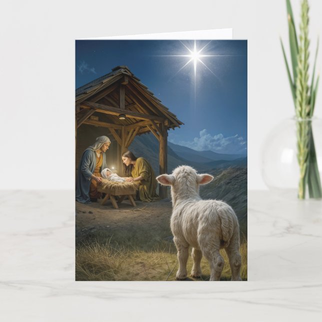 Jul Lamm Vakar över scenen för Jesu födelse Kort (Framsida)