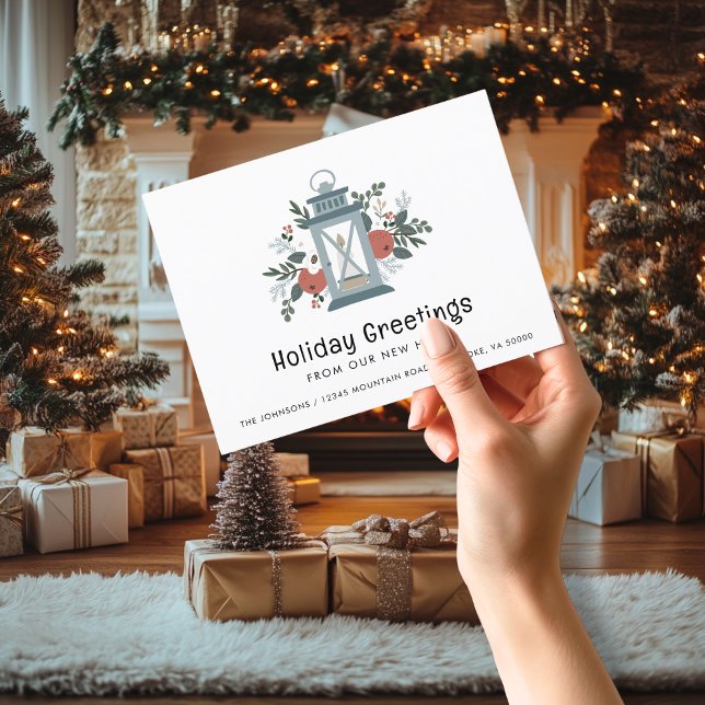 Jul Lantern Julhälsningar Nytt Hem Meddelande Vykort (Christmas Lantern Holiday Greetings from Our New Home Moving Announcement Postcard)