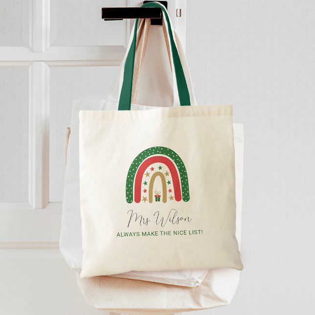 Jul Lärare Regnbåge Snälla Listan Tygkasse (Teachers Always Make The Nice List Rainbow Christmas Tote Bag)