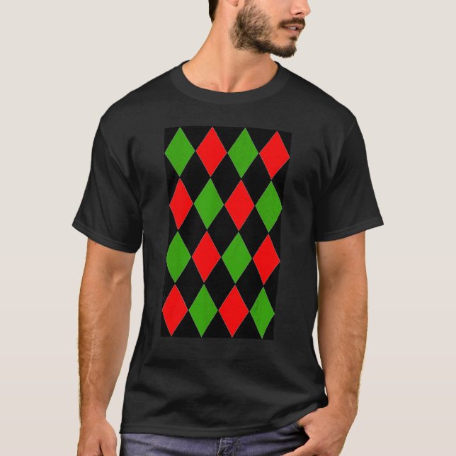 Jul Large Harlequin Mönster Red Grönt och BL T Shirt (Framsida)