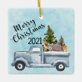 Jul Lastbil med Gräs Träd & Forest Animals Julgransprydnad Keramik