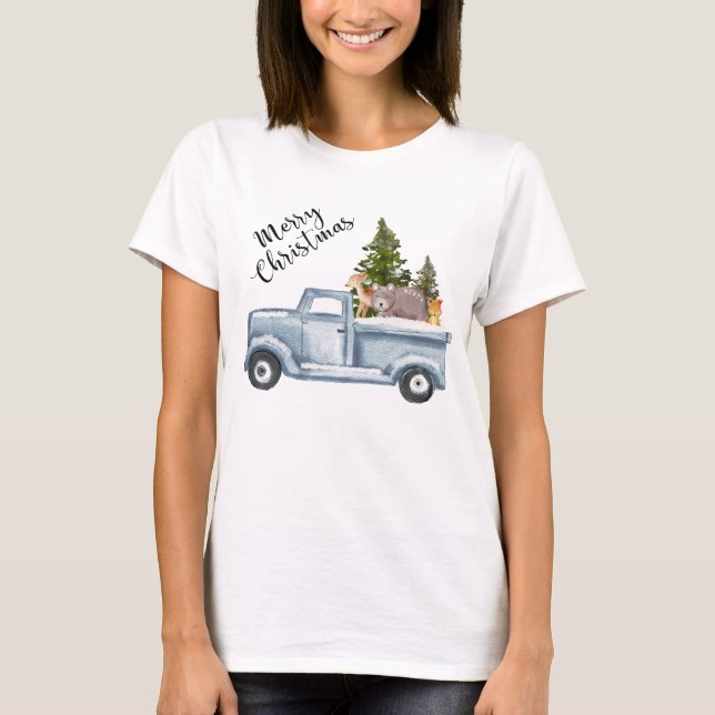 Jul Lastbil med Gräs Träd & Forest Animals T Shirt (Framsida)