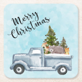 Jul Lastbil med Gräs Träd & Forest Animals Underlägg Papper Kvadrat