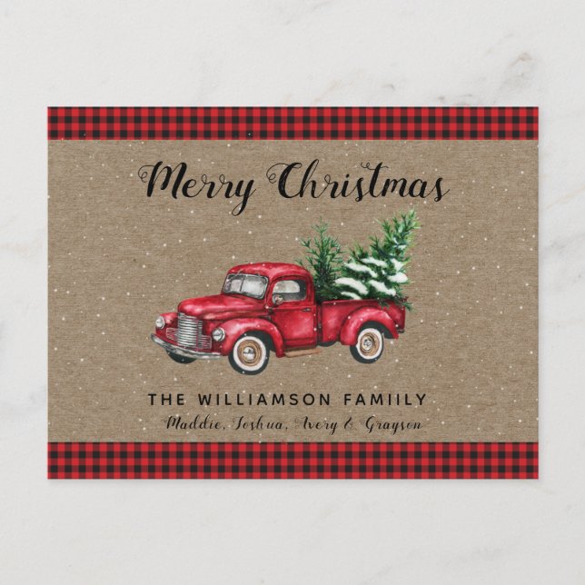 Jul lastbil och träd Snöig Plaid Jul  Vykort (Framsida)