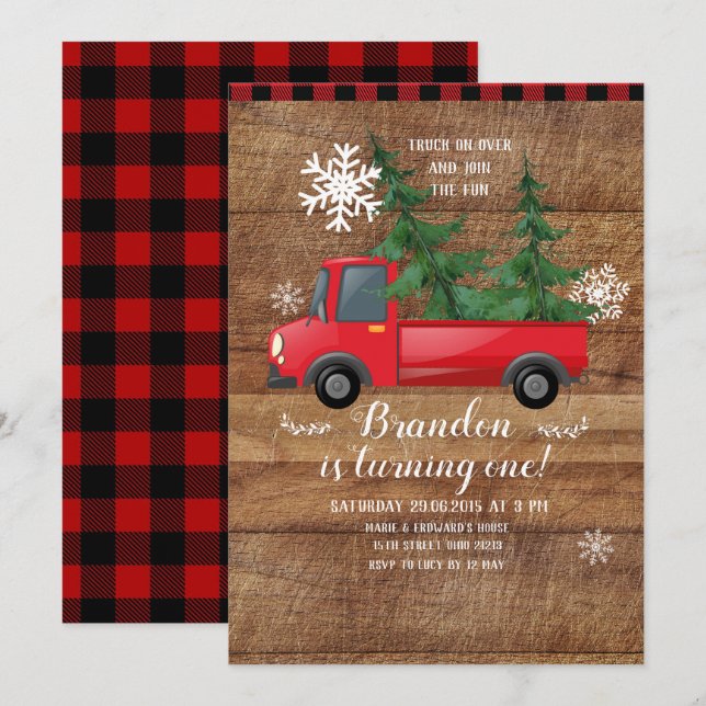 Jul Lastbil Wood Red Play Birthday-inbjudan Inbjudningar (Fram/baksida)