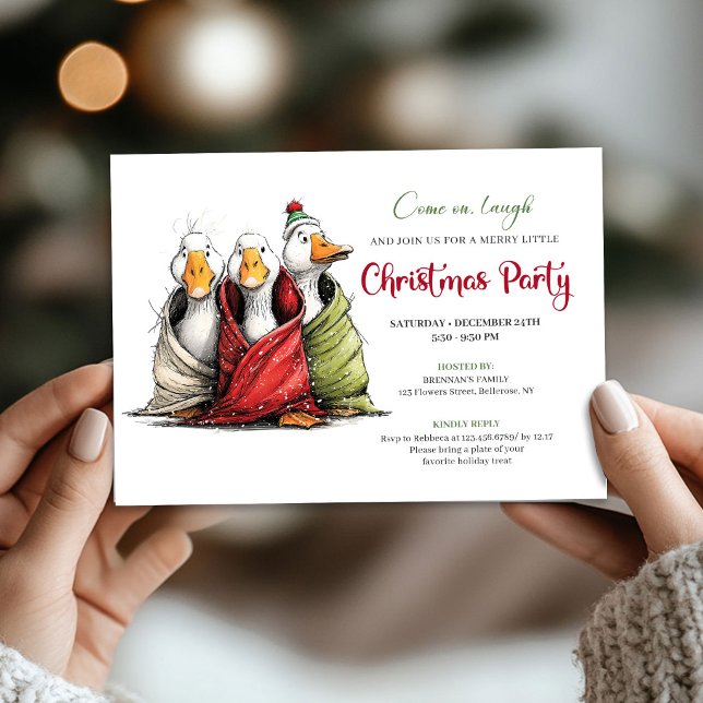 Jul Lekfull Tecknad Gäss Humor Inbjudan (Christmas Playful Cartoon Geese Humor Invitation Fun)