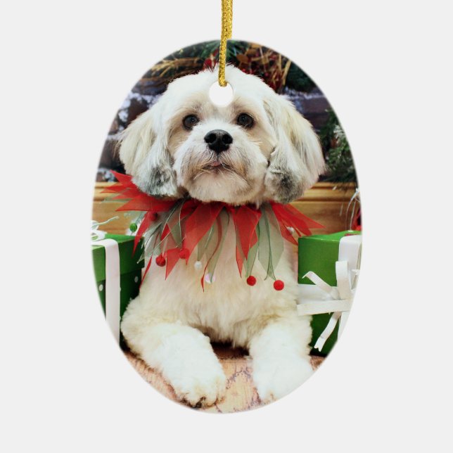 Jul - Lhasa Apso - Muffie Julgransprydnad Keramik (Framsidan)