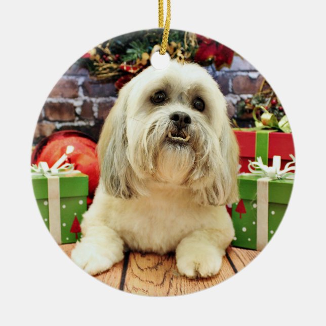 Jul - Lhasa Apso - solo Julgransprydnad Keramik (Framsidan)
