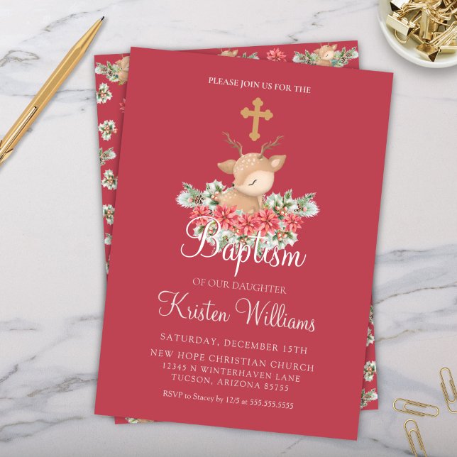 Jul Liten Hjort Dop Dop Dopkors Inbjudningar (Cute red little deer Christmas baptism invitation or christening invitation with cross and floral)