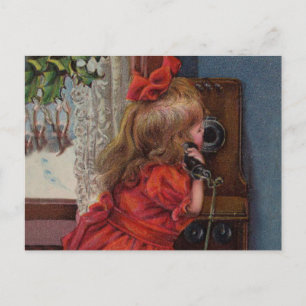 Jul Little Girl Telefon Antique Helg Vykort