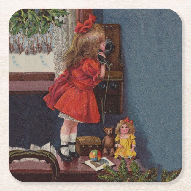 Jul Little Girl Telefon Antique Underlägg Papper Kvadrat (Framsidan)