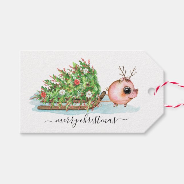 Jul Little Pig Reindeer Pulling Sled Presentetikett (Framsidan (Horizontal))