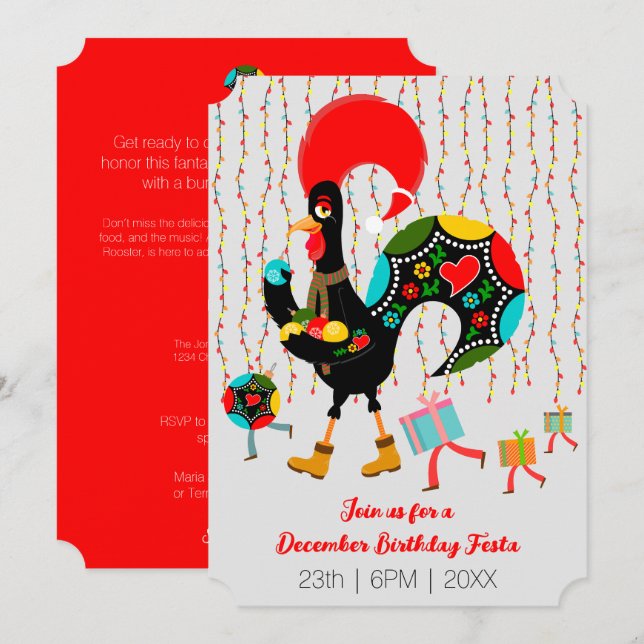 Jul ljus, bubblor, presenter och Tupp Inbjudningar (Fram/baksida)