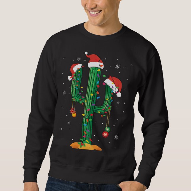 Jul Ljus Cactus Älskare Funny Julafton Pajama Lång Ärmad Tröja (Framsida)