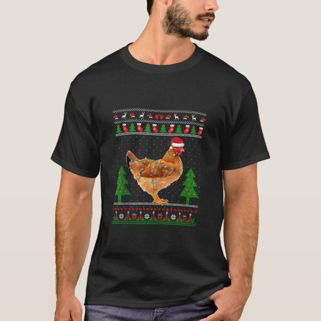 Jul Ljus Chicken Santa Hat Ugly Sweater He T Shirt (Framsida)