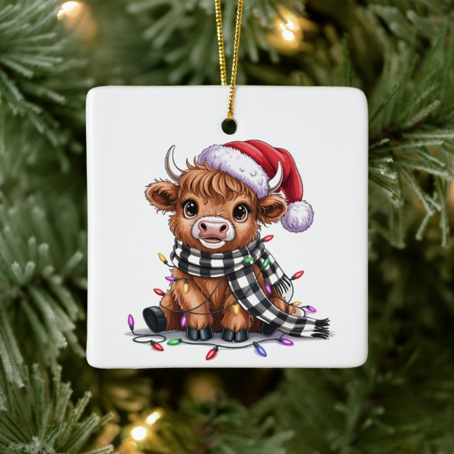 Jul Ljus Highland Cow Santa Hat Julgransprydnad Keramik (Träd)