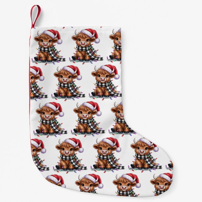 Jul Ljus Highland Cow Santa Hat Liten Julstrumpa (Framsidan)