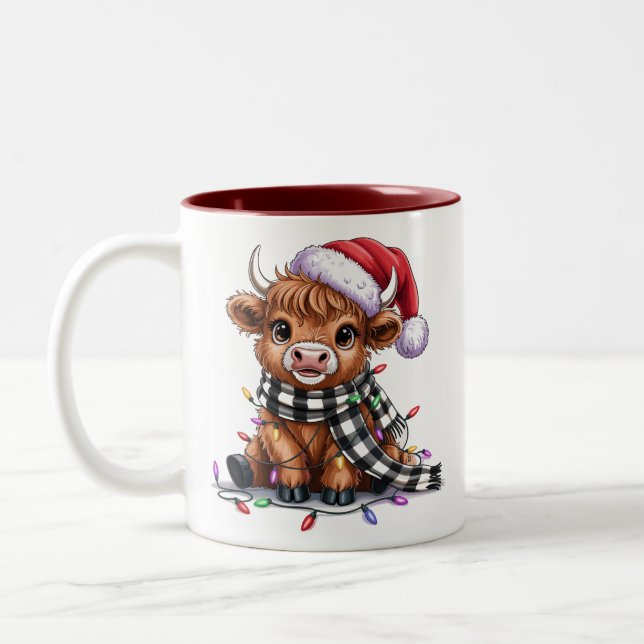 Jul Ljus Highland Cow Santa Hat Två-Tonad Mugg (Vänster)