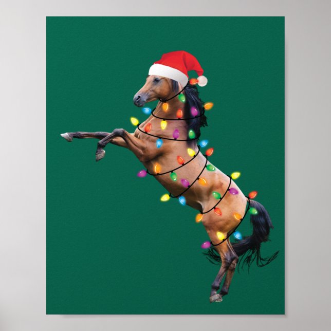 Jul Ljus Horse Santa Funny Julafton Träd Horse Poster (Framsidan)
