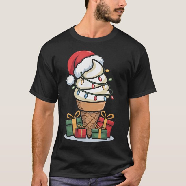 Jul-Ljus Ice Cream Cone med Santa Hat T Shirt (Framsida)