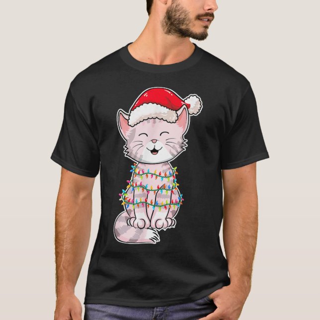 Jul-Ljus Katt med Julafton Hat - Cute Cat L T Shirt (Framsida)