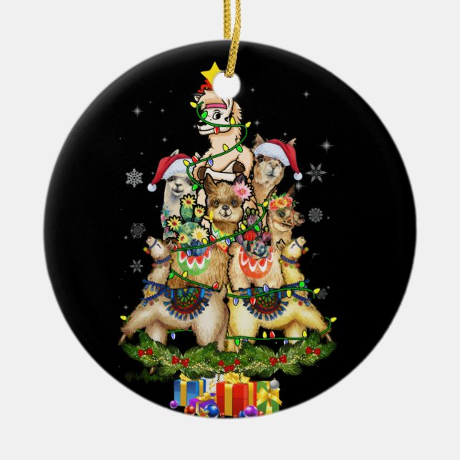 Jul Ljus Llama Santa Hat Träd Llama Julgransprydnad Keramik (Framsidan)