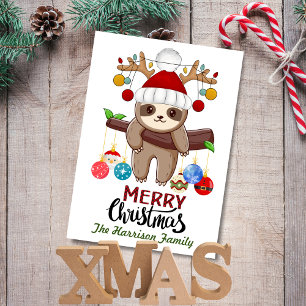Jul Ljus på Cute Sloth med Santa Hat Julkort