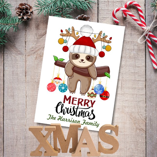 Jul Ljus på Cute Sloth med Santa Hat Julkort (Skapare uppladdad)
