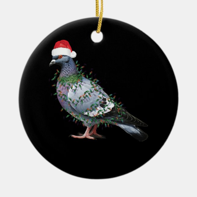 Jul Ljus Pigeon Wearing Julafton Santa Hat Gris Julgransprydnad Keramik (Framsidan)