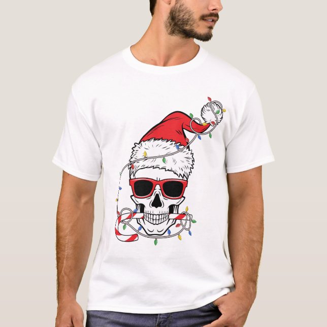 Jul-Ljus-Skelett-Dödskalle T Shirt (Framsida)