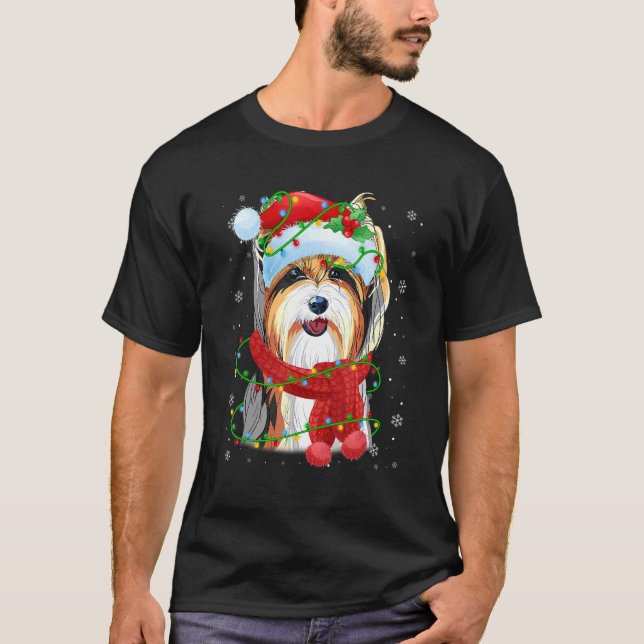 Jul Ljus Yorkshire Terrier Hund Santa Hat S T Shirt (Framsida)