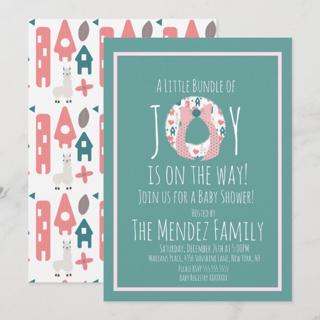 Jul Llama Baby Shower Krans Joy Paket Inbjudningar (Fram/baksida)