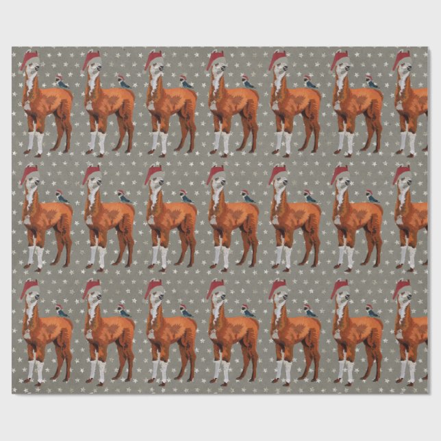 JUL LLAMA & FÅGEL som slår in papper Presentpapper (Platt)