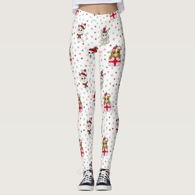 Jul Llama, Kitten och Mouse Stars och Hearts Leggings (Framsida)