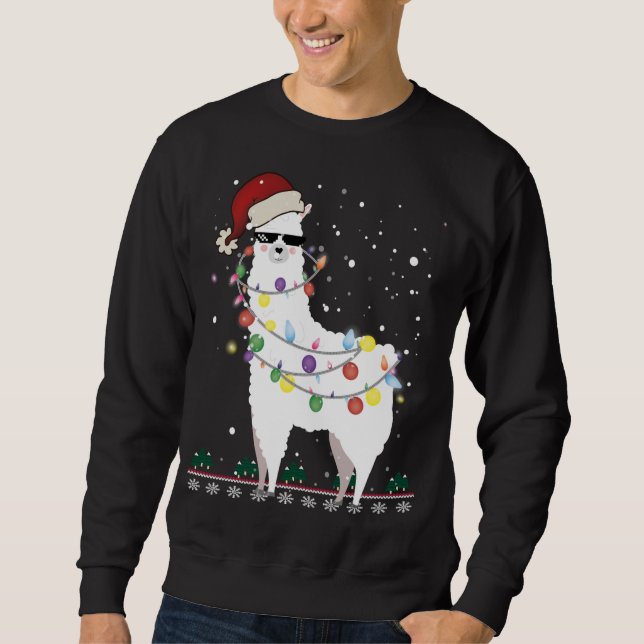 Jul Llama Santa Hat Ugly Julafton Träd Alpaca Gi Lång Ärmad Tröja (Framsida)