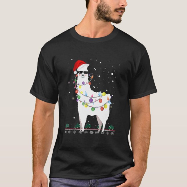 Jul Llama Santa Hat Ugly Julafton Träd Alpaca T Shirt (Framsida)